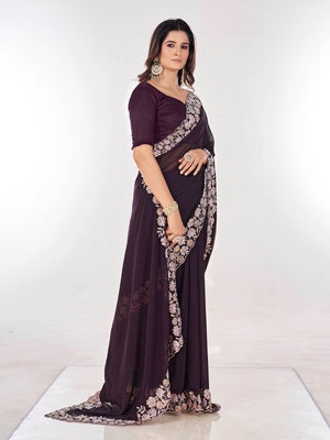 Rajwada Wine Embroidered Georgette Saree With Unstitched Blouse For Women