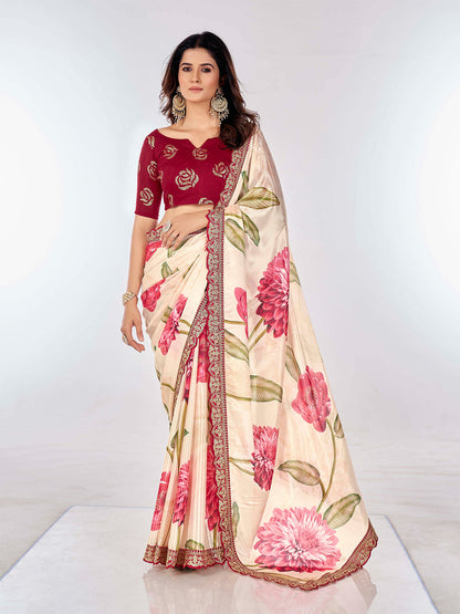 Rajwada Off White Printed Chiffon Saree With Unstitched Blouse For Women