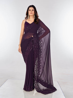 Rajwada Violet Embroidered Georgette Saree With Unstitched Blouse For Women