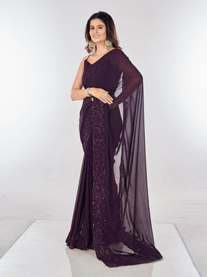 Rajwada Violet Embroidered Georgette Saree With Unstitched Blouse For Women