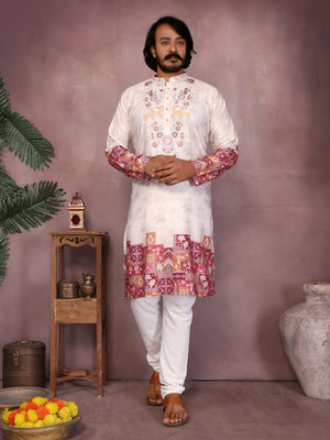 Rajwada Off White Cotton Blend Embroidered Kurta Set For Men