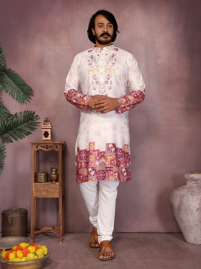 Rajwada Off White Cotton Blend Embroidered Kurta Set For Men