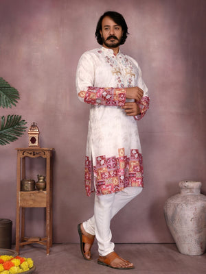 Rajwada Off White Cotton Blend Embroidered Kurta Set For Men