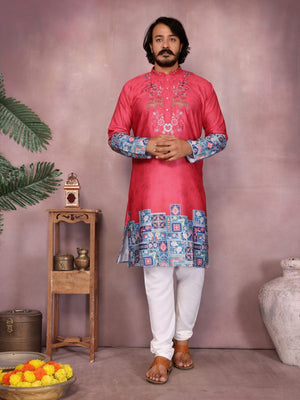 Rajwada Pinkish Red Cotton Blend Embroidered Kurta Set For Men