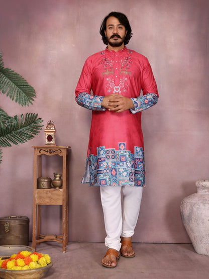 Rajwada Pinkish Red Cotton Blend Embroidered Kurta Set For Men