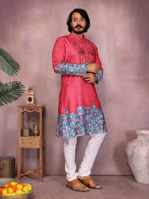 Rajwada Pinkish Red Cotton Blend Embroidered Kurta Set For Men