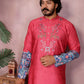 Rajwada Pinkish Red Cotton Blend Embroidered Kurta Set For Men
