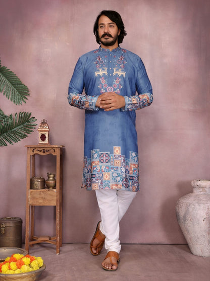 Rajwada Teal Blue Cotton Blend Embroidered Kurta Set For Men
