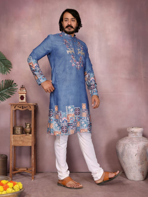 Rajwada Teal Blue Cotton Blend Embroidered Kurta Set For Men
