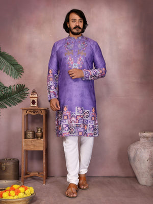 Rajwada Purple Cotton Blend Embroidered Kurta Set For Men
