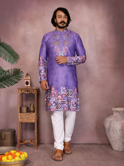 Rajwada Purple Cotton Blend Embroidered Kurta Set For Men
