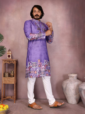 Rajwada Purple Cotton Blend Embroidered Kurta Set For Men