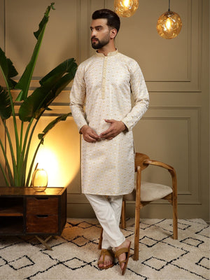 Rajwada White And Gold Cotton Blend Thread Work Kurta Set For Men