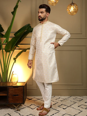 Rajwada White And Gold Cotton Blend Thread Work Kurta Set For Men