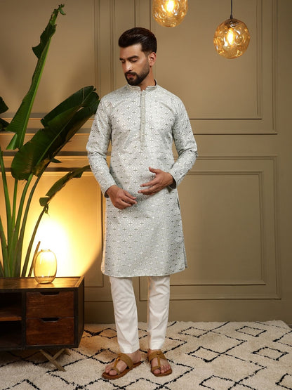 Rajwada Off White Cotton Blend Thread Work Kurta Set For Men