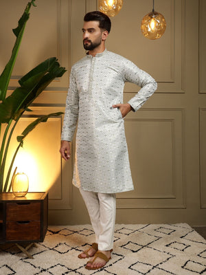 Rajwada Off White Cotton Blend Thread Work Kurta Set For Men