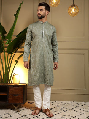 Rajwada Olive Green Cotton Blend Embellished Kurta Set For Men