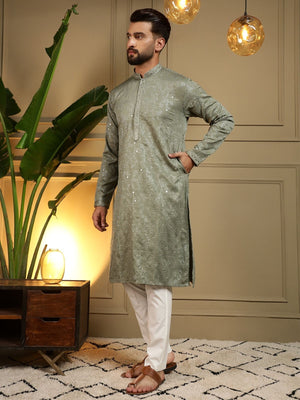 Rajwada Olive Green Cotton Blend Embellished Kurta Set For Men