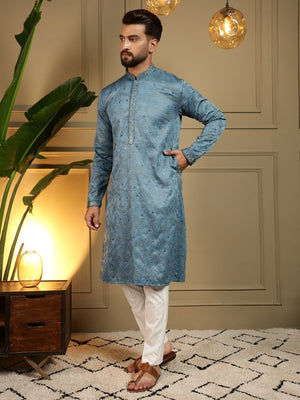 Rajwada Teal Blue Cotton Blend Embellished Kurta Set For Men