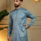 Rajwada Teal Blue Cotton Blend Embellished Kurta Set For Men