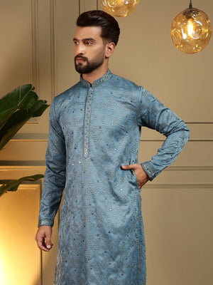 Rajwada Teal Blue Cotton Blend Embellished Kurta Set For Men