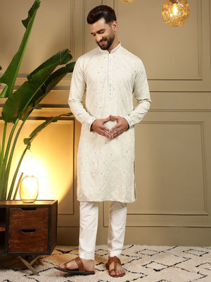 Rajwada White Cotton Blend Embellished Kurta Set For Men