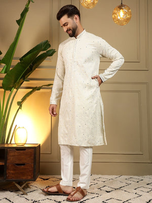 Rajwada White Cotton Blend Embellished Kurta Set For Men