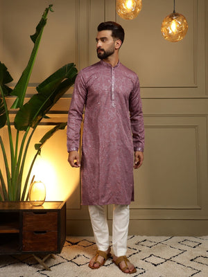 Rajwada Wine Cotton Blend Embellished Kurta Set For Men