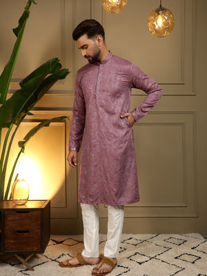 Rajwada Wine Cotton Blend Embellished Kurta Set For Men