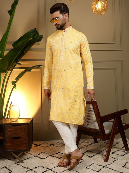 Rajwada Yellow Cotton Blend Embellished Kurta Set For Men