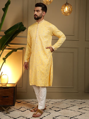 Rajwada Yellow Cotton Blend Embellished Kurta Set For Men