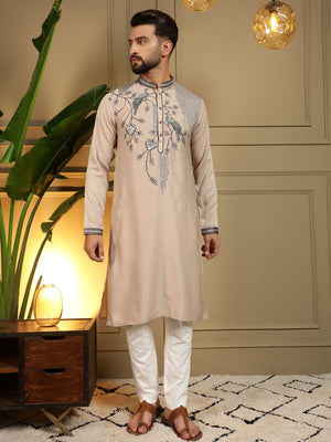 Rajwada Beige Silk Blend Embroidered Kurta Set For Men