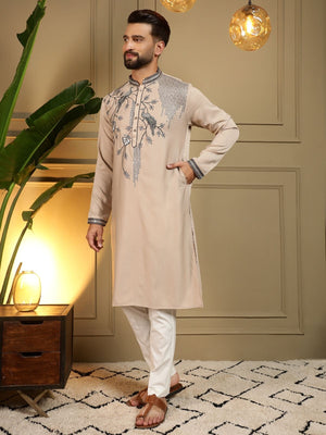 Rajwada Beige Silk Blend Embroidered Kurta Set For Men