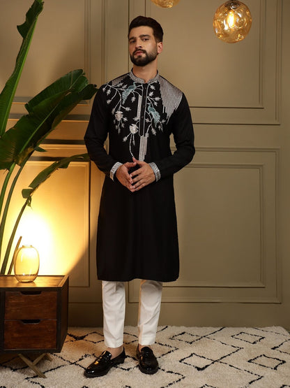Rajwada Black Silk Blend Embroidered Kurta Set For Men