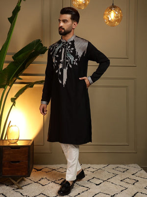 Rajwada Black Silk Blend Embroidered Kurta Set For Men