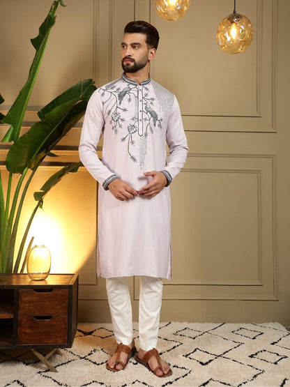 Rajwada Off White Silk Blend Embroidered Kurta Set For Men