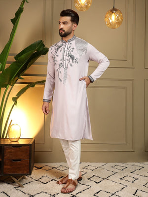 Rajwada Off White Silk Blend Embroidered Kurta Set For Men