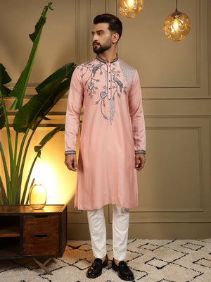 Rajwada Peach Pink Silk Blend Embroidered Kurta Set For Men