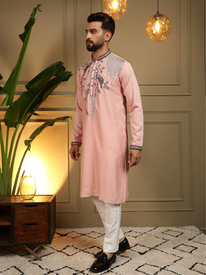 Rajwada Peach Pink Silk Blend Embroidered Kurta Set For Men