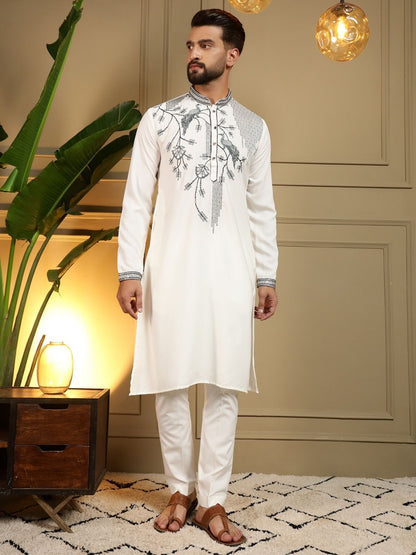 Rajwada White Silk Blend Embroidered Kurta Set For Men