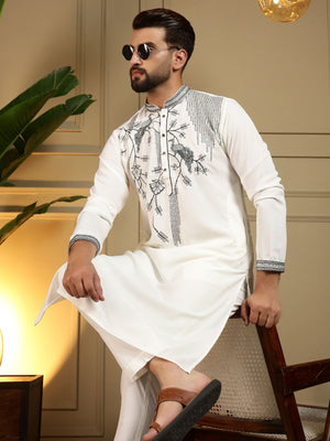 Rajwada White Silk Blend Embroidered Kurta Set For Men