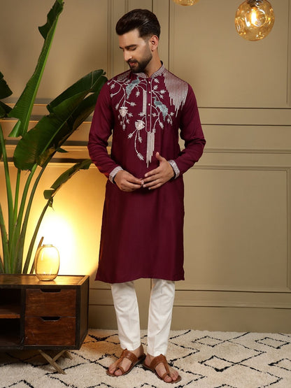 Rajwada Maroon Silk Blend Embroidered Kurta Set For Men