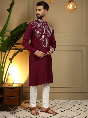 Rajwada Maroon Silk Blend Embroidered Kurta Set For Men