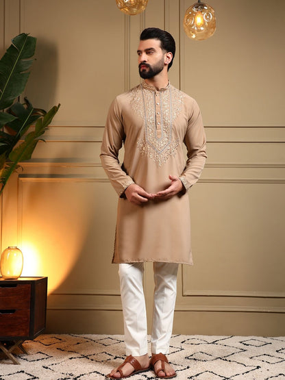 Rajwada Beige Silk Blend Embroidered Kurta Set For Men