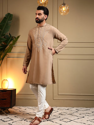 Rajwada Beige Silk Blend Embroidered Kurta Set For Men