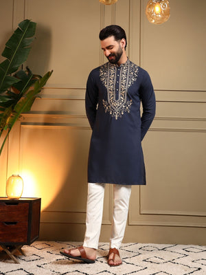 Rajwada Navy Blue Silk Blend Embroidered Kurta Set For Men