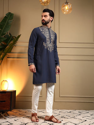 Rajwada Navy Blue Silk Blend Embroidered Kurta Set For Men