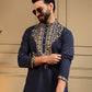 Rajwada Navy Blue Silk Blend Embroidered Kurta Set For Men