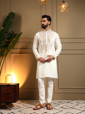 Rajwada White Silk Blend Embroidered Kurta Set For Men