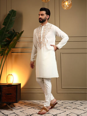Rajwada White Silk Blend Embroidered Kurta Set For Men